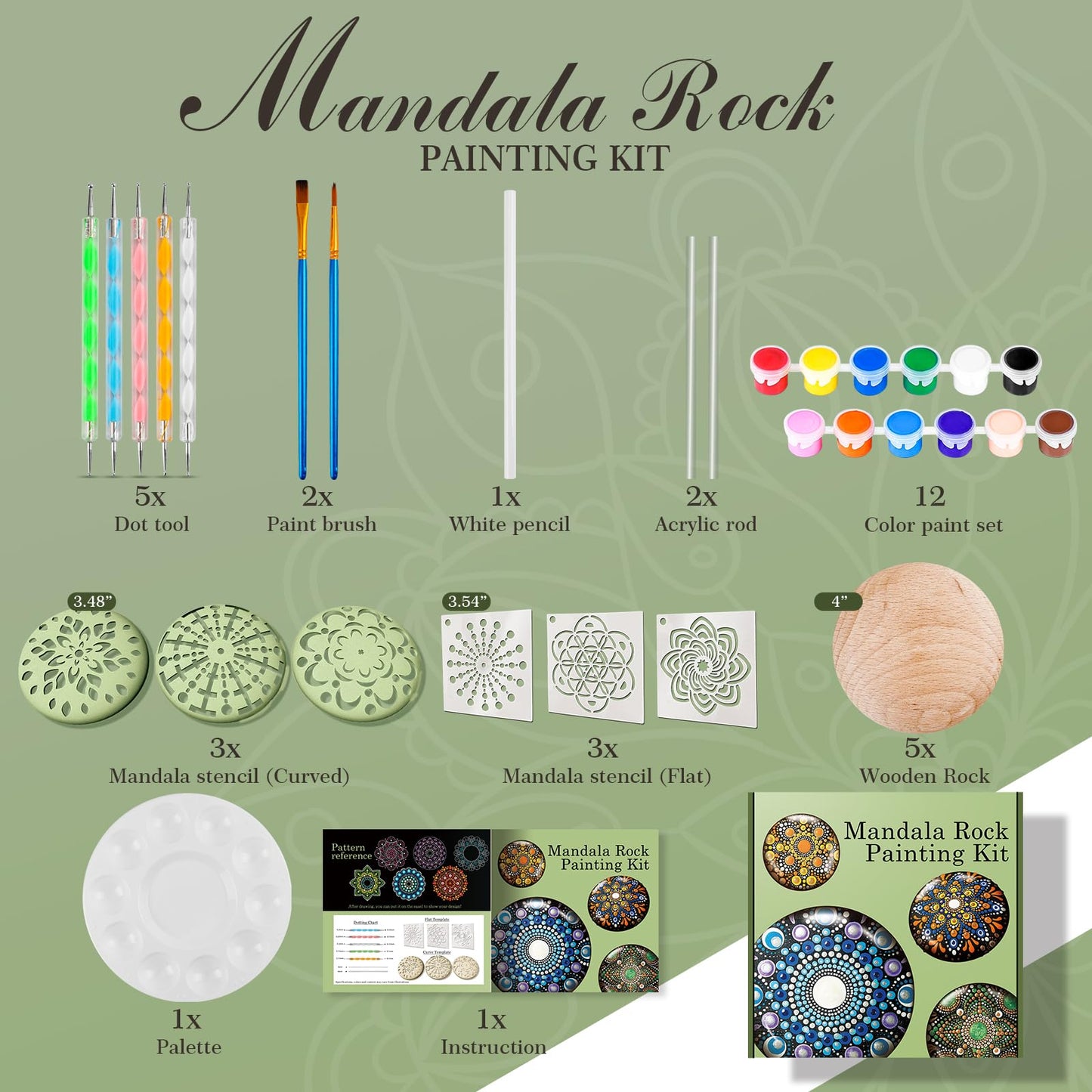 Mandala Rock Painting Kit - Mandala Dotting Tools Kit - 5 Large Wooden Rocks for Painting with 6 Stencil Supplies, Dotting Tools for Painting - Dot Art and Crafts for Adults Women - Mothers Day Gift