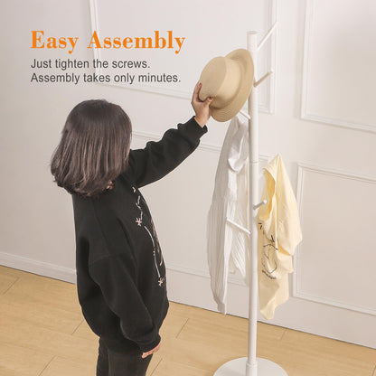 VECELO Coat Rack Freestanding, Entryway Hanger Stand, Umbrella Holder, Hall Tree With Hooks, Floor Standing Tree Stand,White