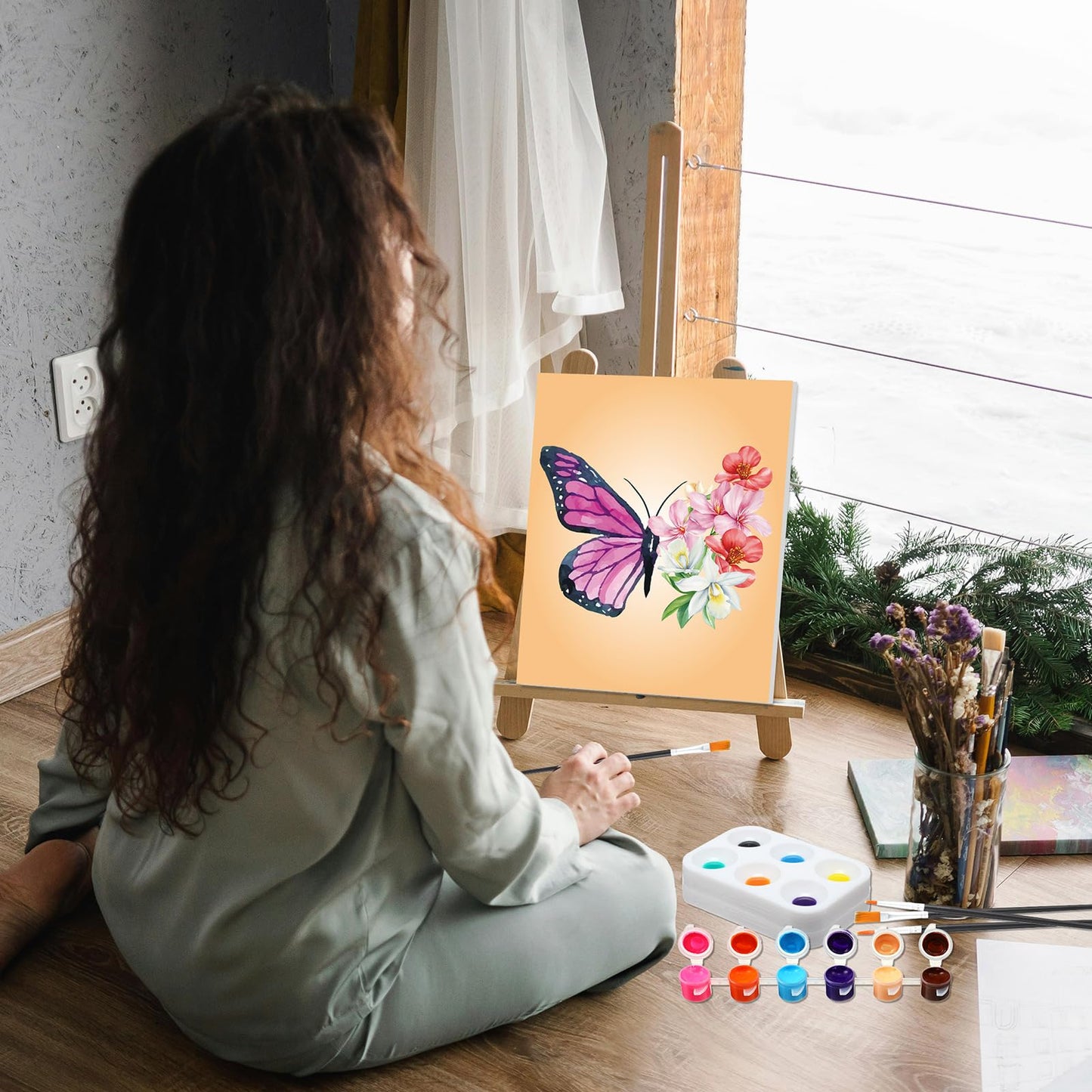Dinifee 6 Pack Pre Drawn Canvas for Painting Pre Printed Canvas Kit 8 x 10 Inch Stretched Cotton Paint and Sip Set for Adults Couple Party Valentine Date Night(Butterfly)