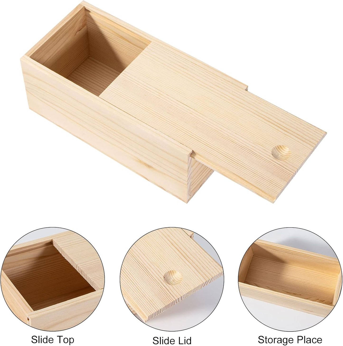 Unfinished Wooden Storage Box with Sliding Lid, Rustic Keepsake Box 7.8'' x 3.9'' x 3.1'' for Art Hobbies, DIY Lovers,