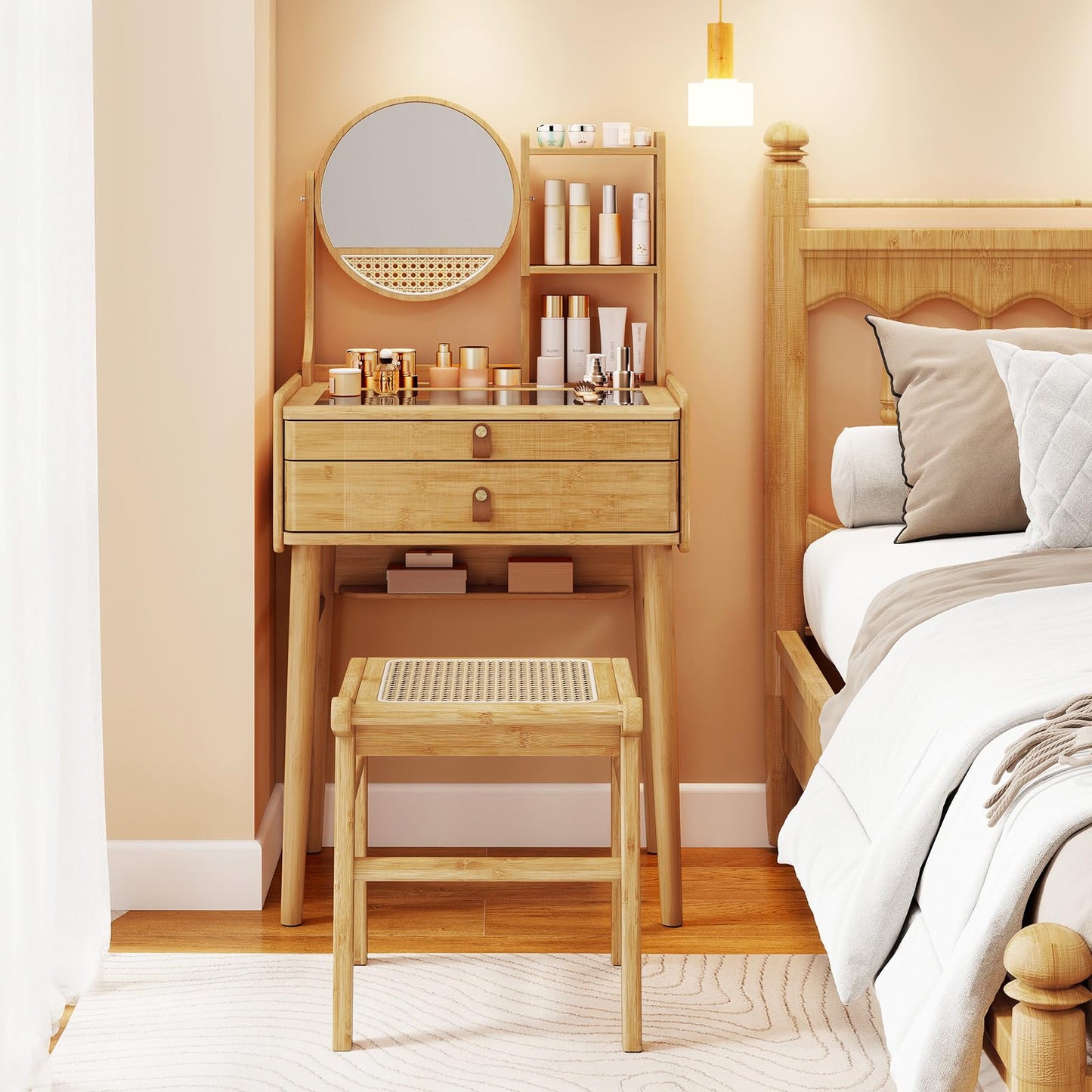 CHARMAID Small Bamboo Vanity Desk with Mirror and Stool, Glass Top Makeup Vanity Table with Storage Drawers, Shelves & Deep Tabletop Groove, Compact Dressing Table for Bedroom Small Spaces, 23.5" W