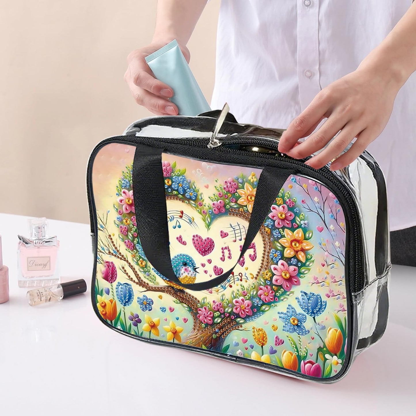 JZHYOAN Diamond PaintingTravel Toiletry Bag for Women Makeup Storage Organizer Art Portable Travel Makeup Pouch with Zipper Love Pattern Cosmetic Toiletry Bag for Shampoo Conditioner Brushes Set