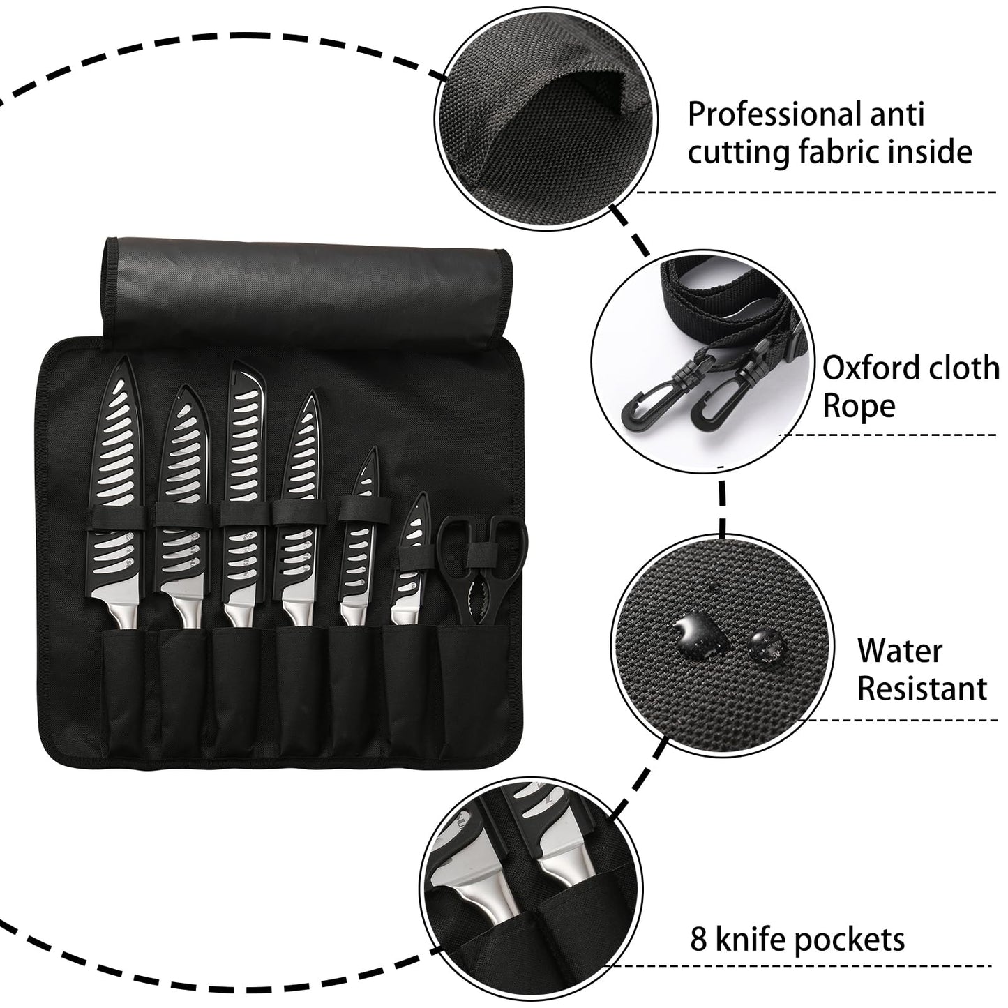 KATISUN Knife Set Roll Bag, 8 Pieces German High Carbon Stainless Steel Chef Knives with Hollow Handle, with Portable Knife Roll Storage Bag, Blade Guards, Kitchen Shears for Outdoor Camping Travel