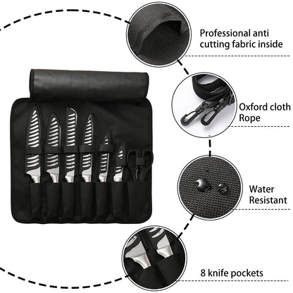 KATISUN Knife Set Roll Bag, 8 Pieces German High Carbon Stainless Steel Chef Knives with Hollow Handle, with Portable Knife Roll Storage Bag, Blade Guards, Kitchen Shears for Outdoor Camping Travel
