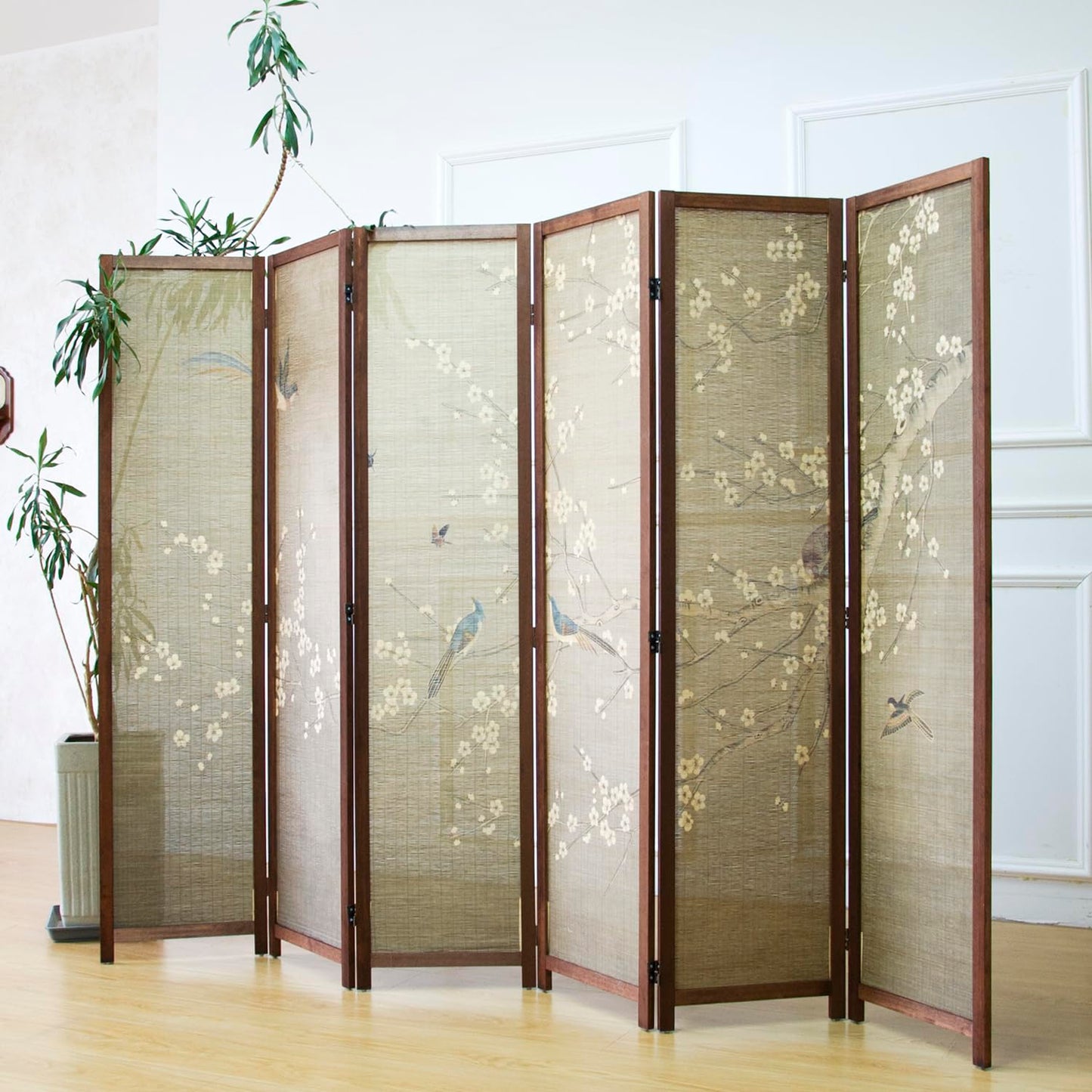 Furnnylane 6 Panel Bamboo Room Divider for Room Separation, 5.6 ft Tall Double-Sided Folding Privacy Screen with Premium Thickened Wood Frame, White Plum and Birds (67" H x 94.5" W)