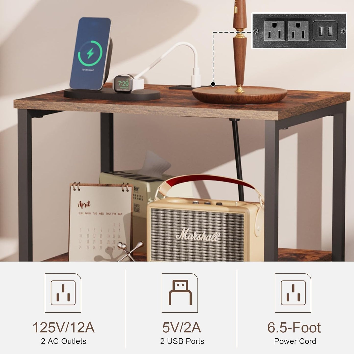 X-cosrack Side Table with Charging Station, End Table with USB Ports and Outlets, Nightstand with Storage Shelves