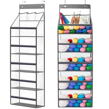 Hobekoee Hanging Yarn Storage Organizer,Large Capacity Yarn Storage Bag with 5 Yarn Balls Storage Pockets & 3 Top Crochet/Knitting Needles Pockets,Transparent Door Hanging Knitting Organizer Storage