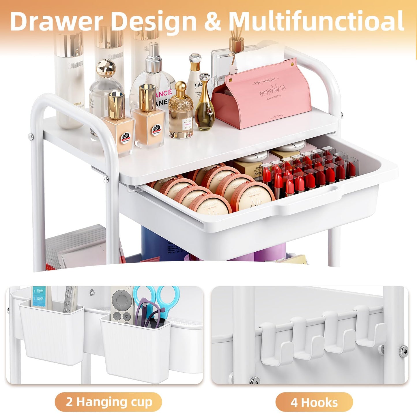 3 Tier Metal Rolling Utility Cart with Drawer & Lockable Wheels - Heavy Duty Multifunctional Storage Organizer with 2 Cups and 4 Hooks for Bathroom, Kitchen, Snack, Craft, Makeup, Baby Essentials