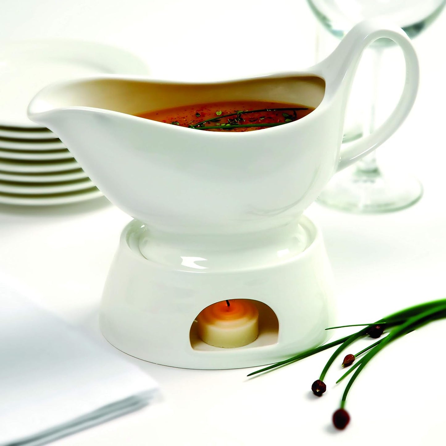 Norpro Porcelain Gravy Sauce Boat with Stand and Candle