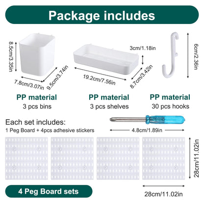 Wall Mount Peg Board Organizer 45pcs Kit, 4 Panels and 41 Accessories Pegboard Wall Organizer with Hooks, Bins, Shelves, DIY Tool Storage Pegboards Kits for Home Office Space Saving (White, 22"×22")