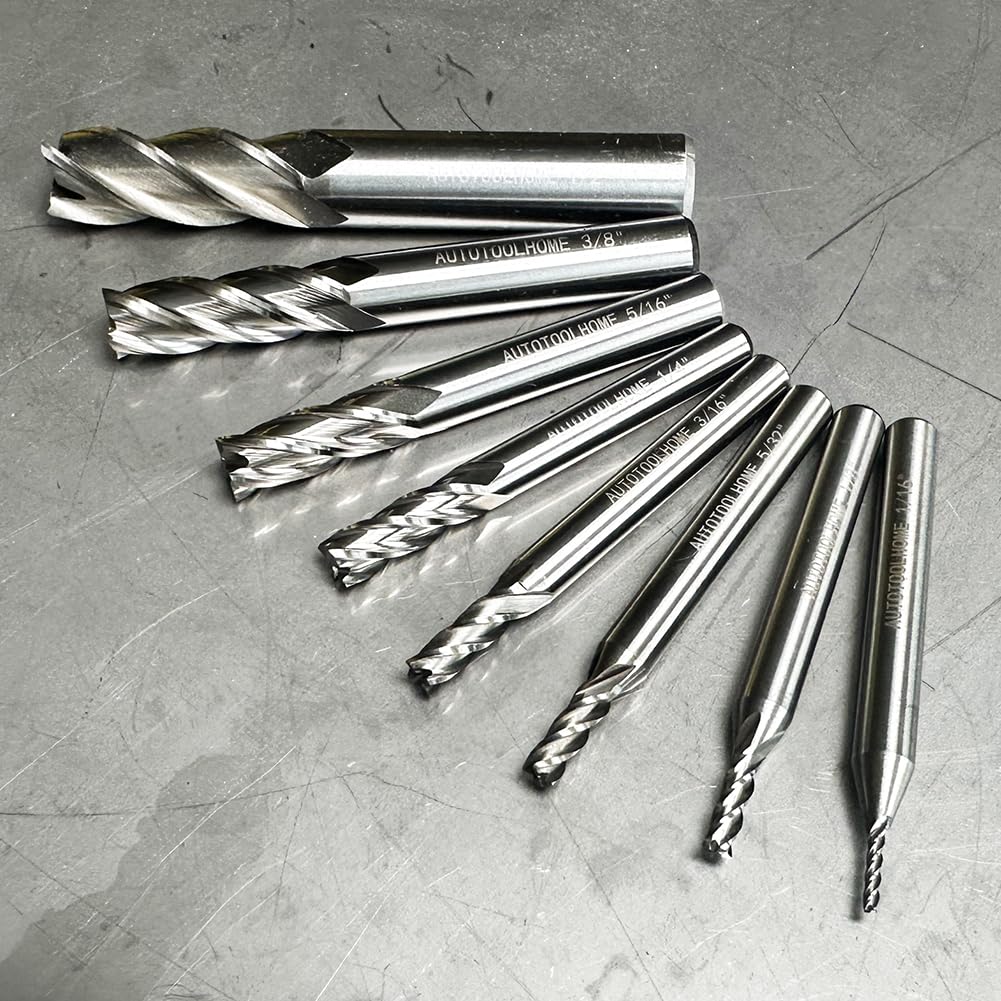 AUTOTOOLHOME 8PCS HSS 4 Flute End Mill Cutter Set, Straight Shank High Speed Steel Milling Bits 1/16" to 1/2" for CNC Router, Milling Machine, Metal, Wood, Plastic