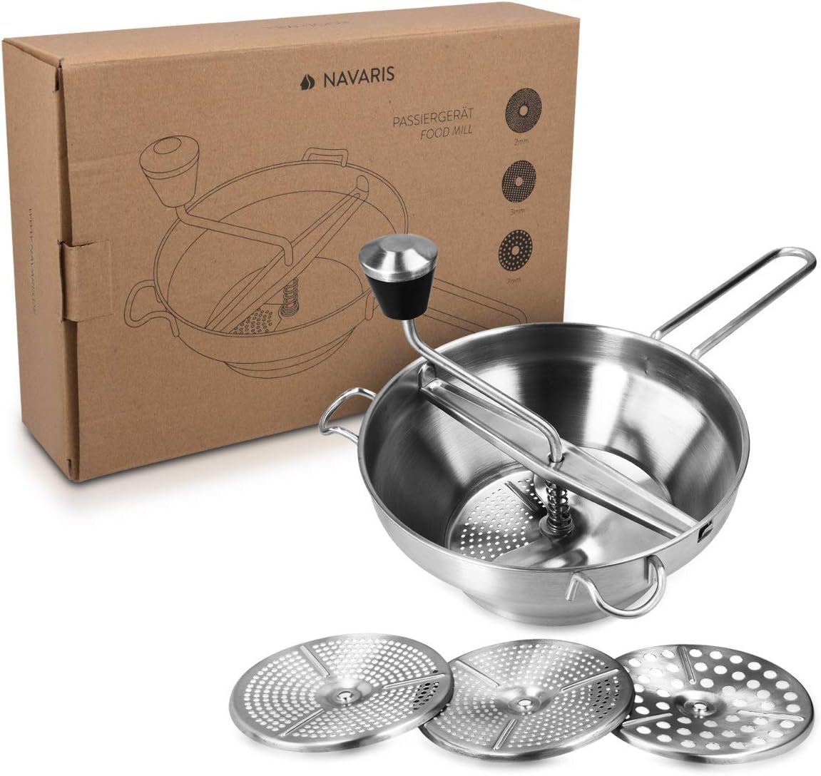 Navaris Food Mill, 8.1" Stainless Steel Rotary with Hand Crank and 3 Grinding Discs for Tomato Sauce, Mashed Potatoes