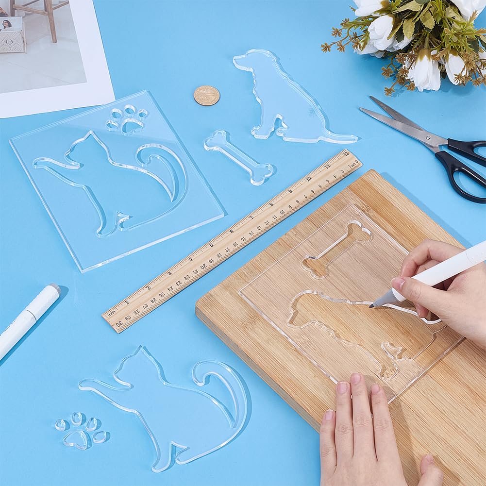 MAYJOYDIY 2 Pack Clear Cat Dog Acrylic Template 6.7"x5.9" Dog Bone Router Jig Templates Animal Paw Inlays Stencil for Woodworking Carving Painting Home Decor DIY Projects