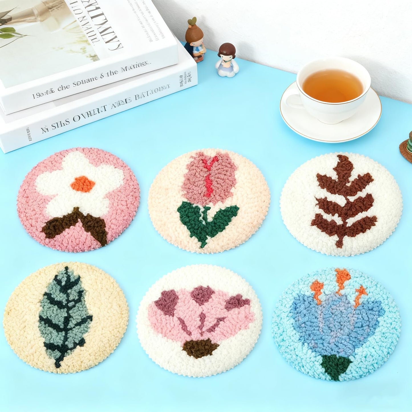 6 Pcs Punch Needle Coaster Kit for Adults Beginner, Plant Floral Punch Needle Embroidery Kit with Yarns, Hoop, Threader, Felt Cloths, Instruction, Coaster Making Supplies for Home Decor, Gift Making