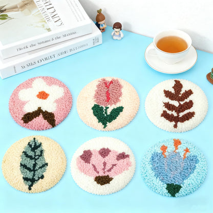6 Pcs Punch Needle Coaster Kit for Adults Beginner, Plant Floral Punch Needle Embroidery Kit with Yarns, Hoop, Threader, Felt Cloths, Instruction, Coaster Making Supplies for Home Decor, Gift Making