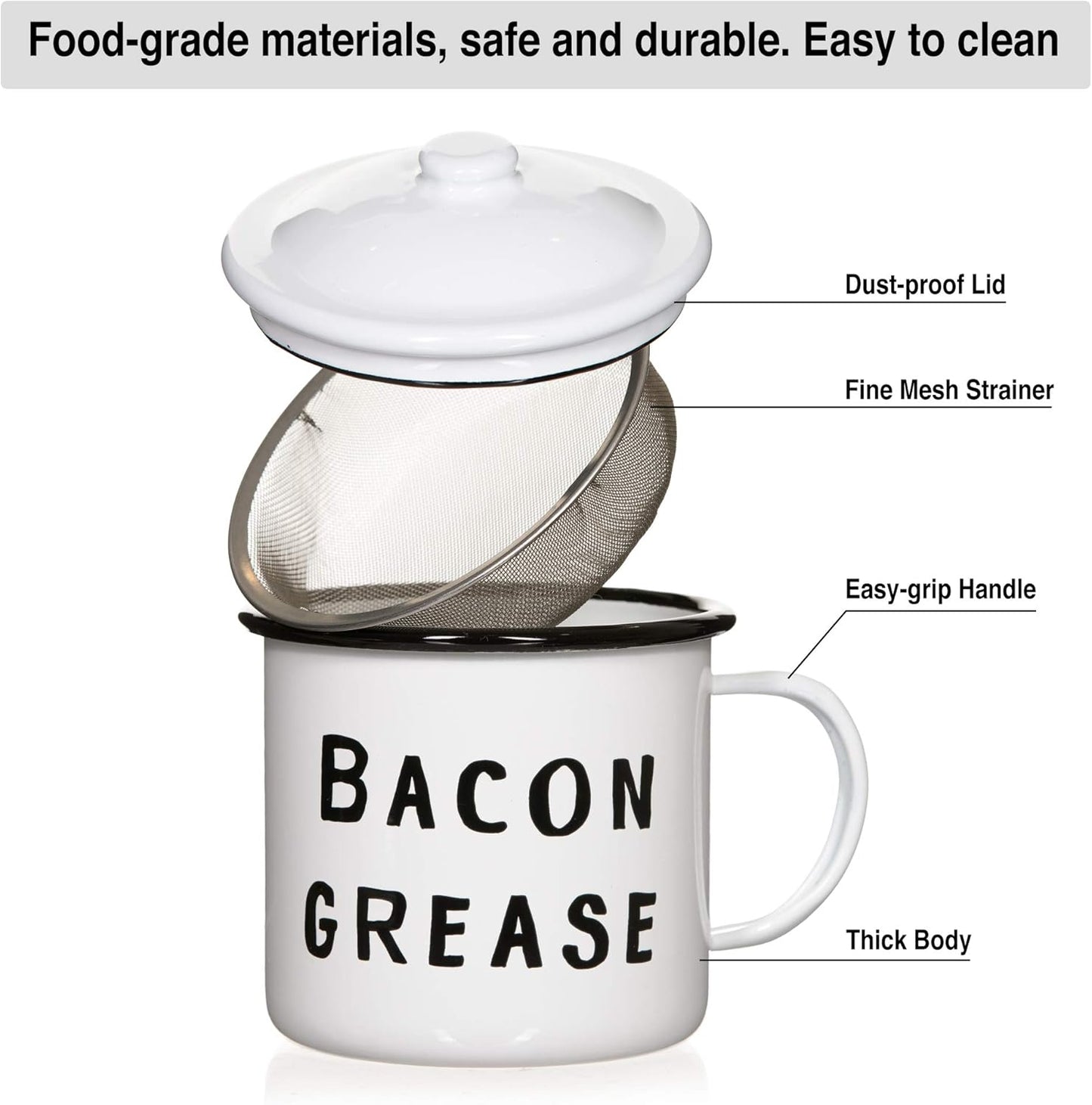 Golden Hills Mercantile Bacon Grease Saver with Strainer - Vintage Enamelware Design, 4 inch x 4 inch (Black)