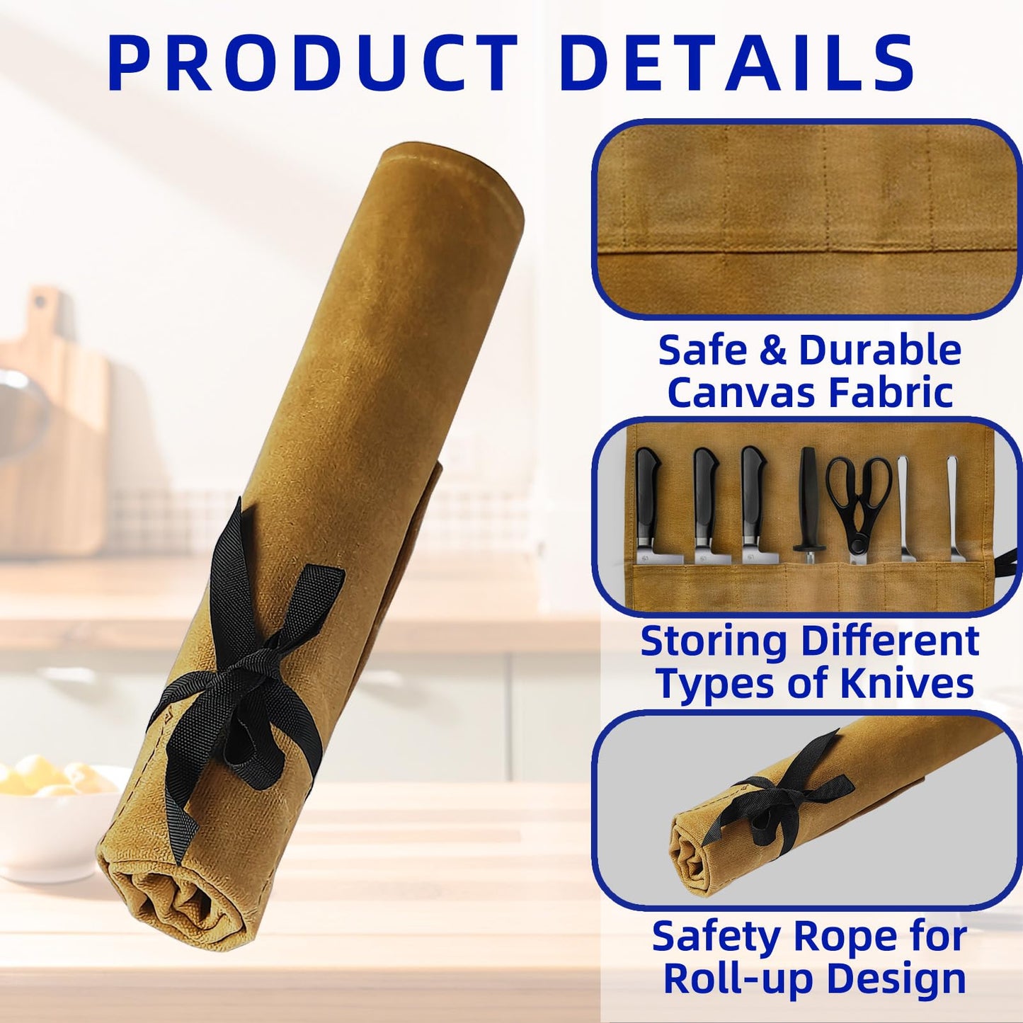 GIWOSK Knife Roll Bag, Waxed Canvas Chef's Knife Roll Bag with 7 Slots, Portable Knives Pouch Knife Storage Case Knife Carrier for Home Camping Picnic Chefs Cooking Lovers, Khaki(Bag Only)