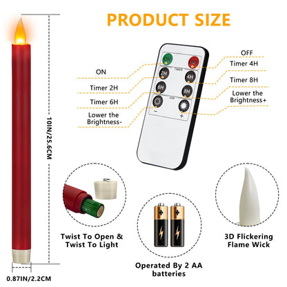 Flameless Taper Candles 10" Dripless Battery Operated Taper Candles Included Remote Timer 400+ Hours by 2AA Batteries for Halloween Christmas Wedding (Burgundy, 12 Pack)