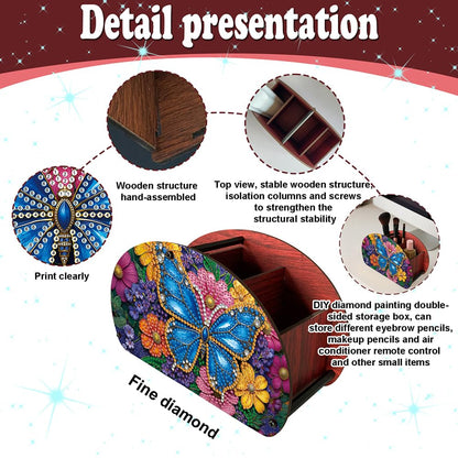 POETRYDRAW DIY Butterfly Diamond Art Painting Wooden Storage Box – Multi-Grid Moon Fan Makeup Brush Organizer, Double-Sided Drill Tabletop Holder for Women, Office & Home Decoration