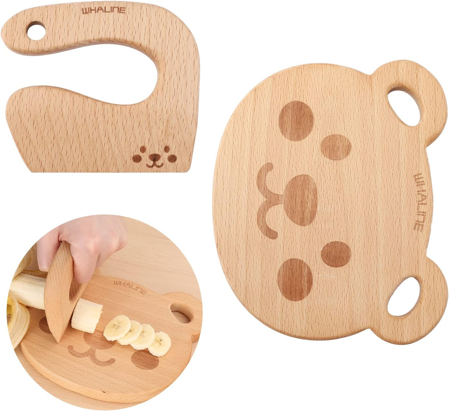 Cute Bear Wooden Cutting Board and Safe Wooden Kids Knife Set, Natural Thick Montessori Knife for Kids, 2Pcs