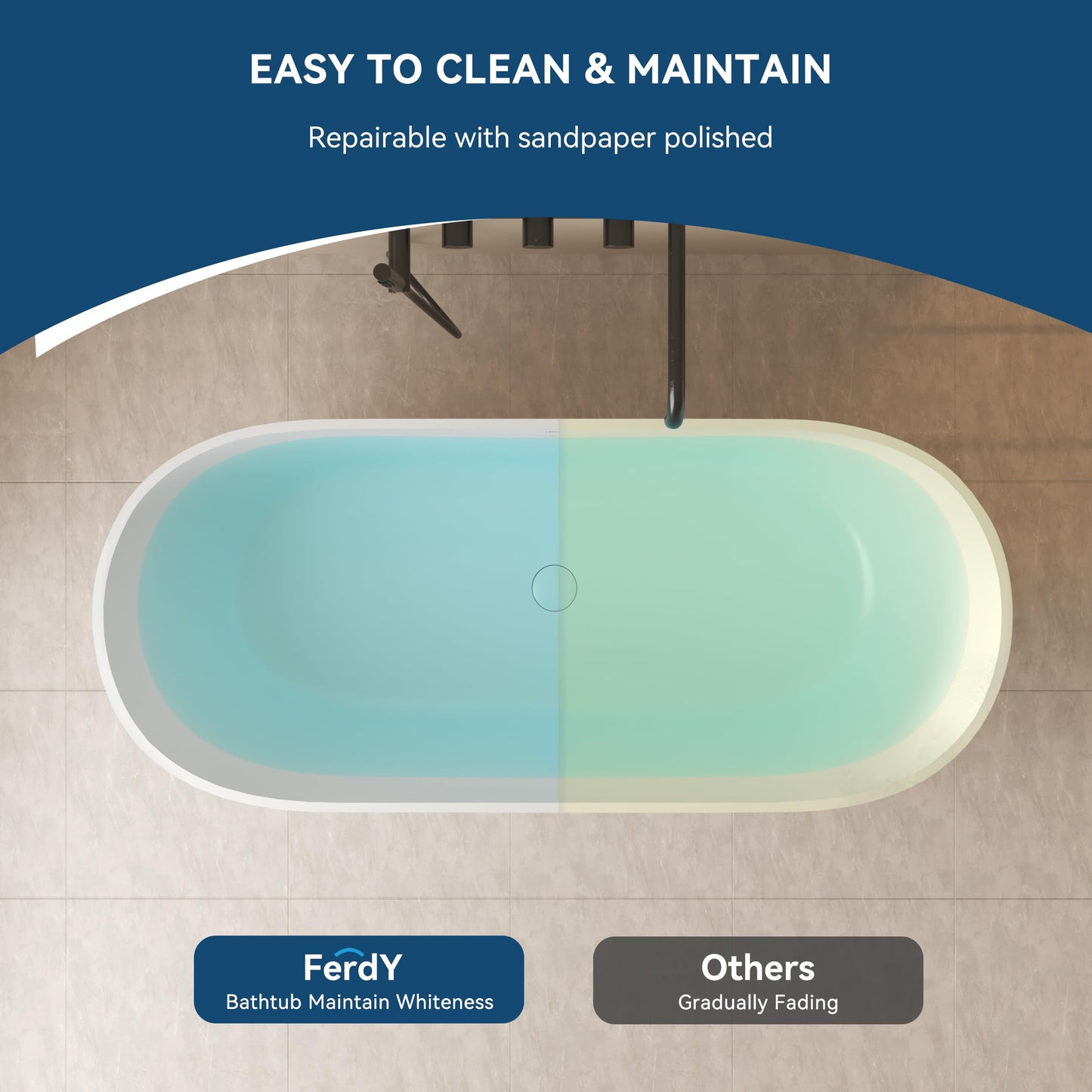 FerdY Fiji 69" Stone Resin Freestanding Bathtub, Classic Oval Shape Soaking Bathtub, Solid Surface Soaking Tub, cUPC Certified, Integrated Slotted Overflow and Matte White Pop-up Drain