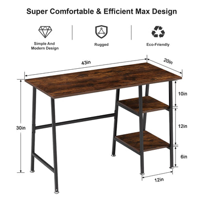 VECELO 43.1 Inch Computer Desk Home Office Walnut Study Desk Work Office Table with Shelves Wooden Desk for Bedroom