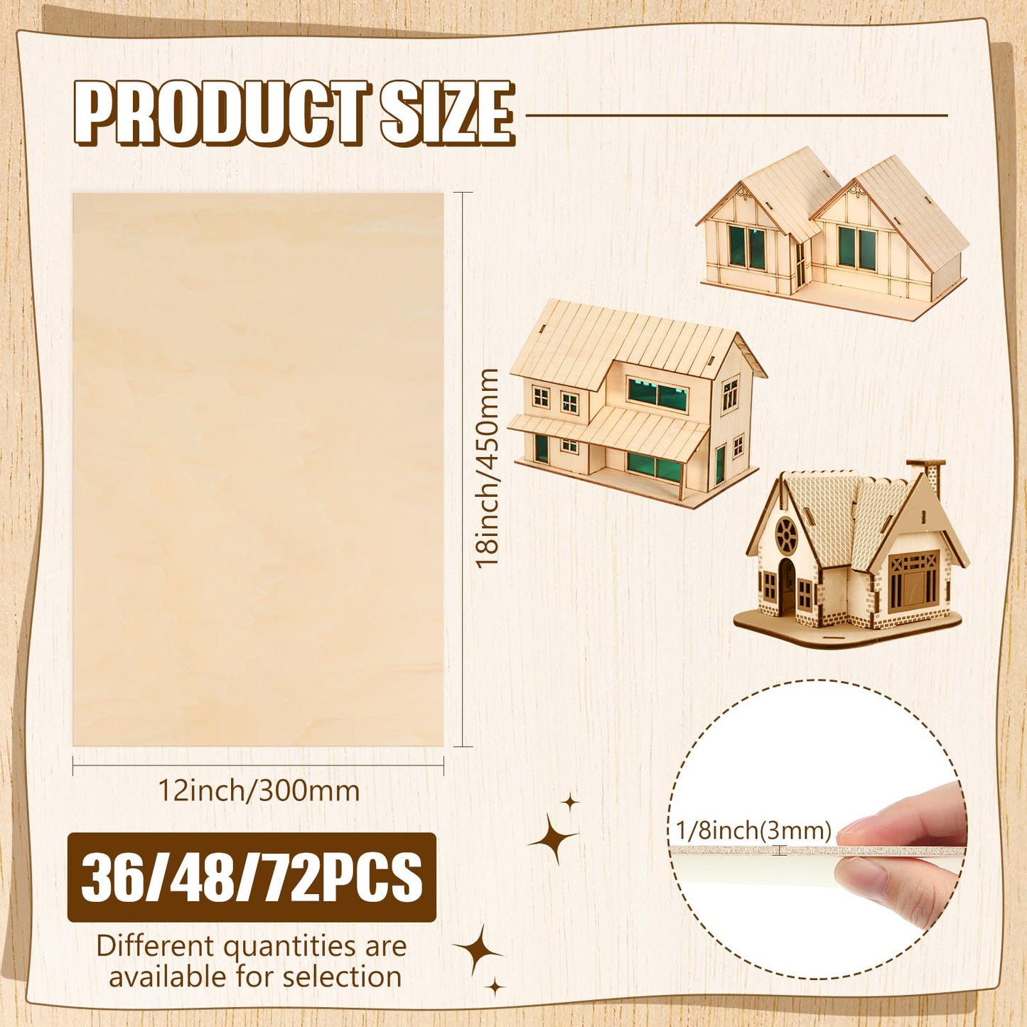 Riakrum Basswood Sheets Plywood Board Unfinished Wood Boards for Crafts for DIY Laser Projects Architectural Mini House Building Hobby Model Making(12 x 18 x 1/8 Inch,72)
