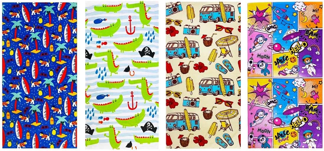 4 Pack 100% 25.5x51 inch Swimming YIFONTIN Kids Beach Towel Cotton Velour Terry Soft Absorbent Throw Blanket Gift