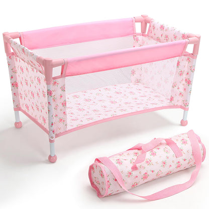 Baby Doll Crib for 12-18 Inch Dolls, Chyyeerkidd Pack and Play Pink Floral Baby Doll Bed with Carry Bag, Travel-Friendly Reborn Baby Doll Accessories for Girls Ages 3+, Easy Assembly (White)