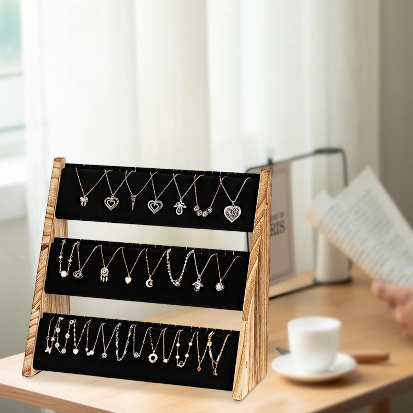 Acshio 3 Tier Necklace Display Stand, Wood Necklace Holder Organizer with Velvet, 72 Slot Tabletop Jewelry Stand Storage for Selling Bracelets Earring, Home Store Trade Show