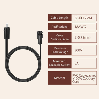 6.6 Feet Power Cord for Recliner Chair, 2 Pin Connector Power Extension Cable for Okin、Limoss、Lazboy、Pride、Catnapper Electric Lift Chair, Recliner Sofa, Electric Couch Extension Cord Replacement Parts