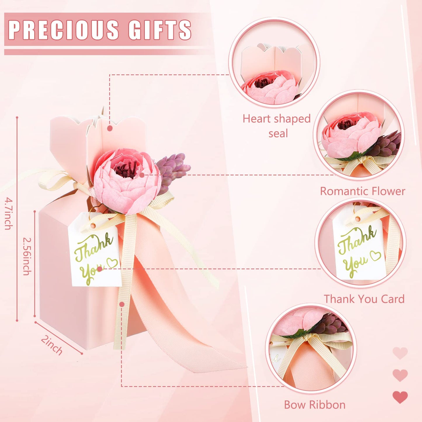 TaoBary 50 Pcs Wedding Favor Boxes Pink Party Favor Box with Ribbon and Flower DIY Chocolate Candy Gift Treat Bags for Engagement Bridal Baby Shower Birthday Anniversary Party Decorations