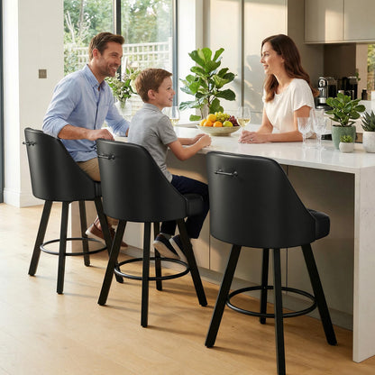 Memobarco Swivel Bar Stools with Backs, 26 Inches Counter Height Bar Stools Set of 3, PU Leather Upholstered Counter Barstools with Metal Legs and Footrest for Kitchen Island, Home Bar, Black