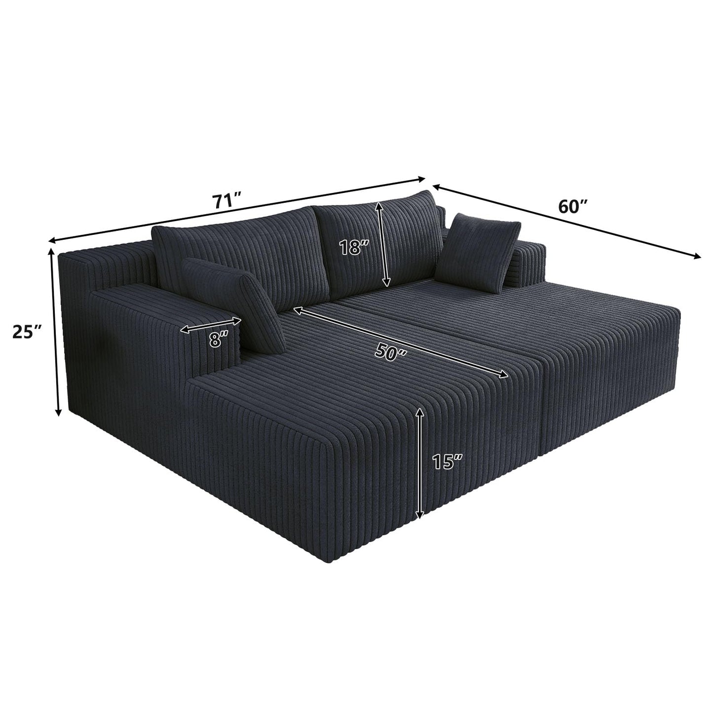 KEIKI 71" L Oversized Double Lounge Chaise Indoor, Corduroy Deep Seat Sectional Modular Couch Sleeper Loveseat Chair, Boneless Upholstered Reading Lazy Cloud Plush Sofa Bed for Living Room, Bedroom