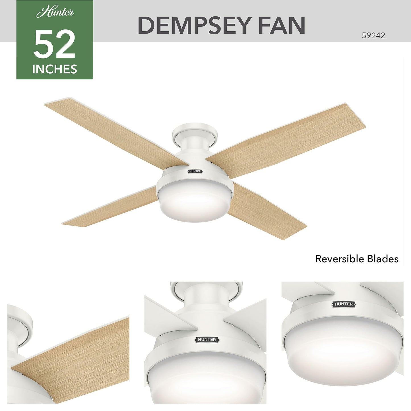 Hunter 52 inch Indoor Ceiling Fan with LED Light and Remote Control - White Modern Ceiling Fan, Low Profile Mount, 4 Blades, For Bedroom, Living Room, or Kitchen, Quiet - Dempsey 59242, Fresh White