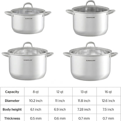SUNHOUSE Stainless Steel Stock Pot - 11 Quart Heavy-Duty Induction Cooking Pot with Visible Lid for Pasta, Soup, Spaghetti - Nonstick Thick-Bottom Deep Stockpot for Canning, Boiling, and Simmering