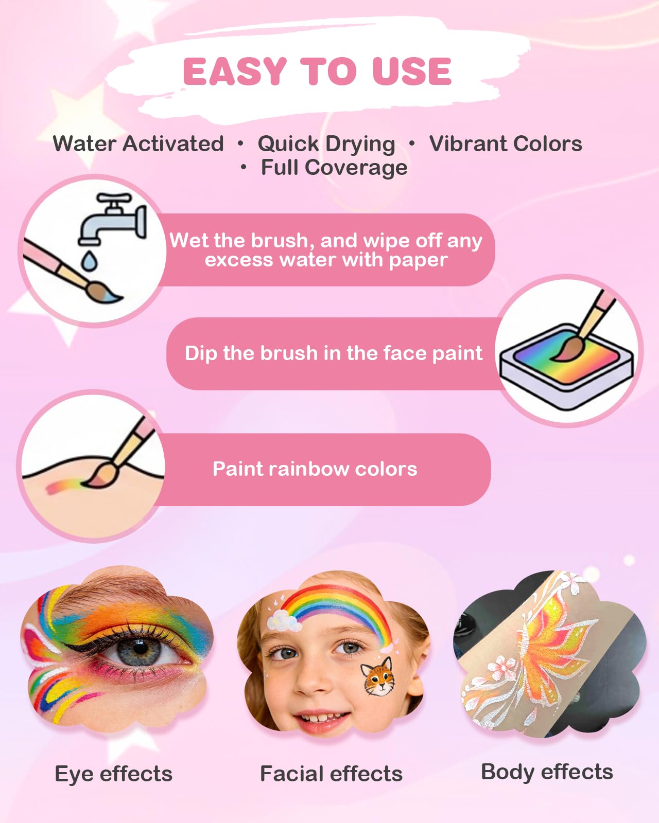 Lictin Face Painting Kit for Kids & Adults - 12x10g Split Face Paint Water Activated Water Based, Professional Body Paint Kit with Facepaint Stencils, Ideal for Party Cosplay Holiday Makeup