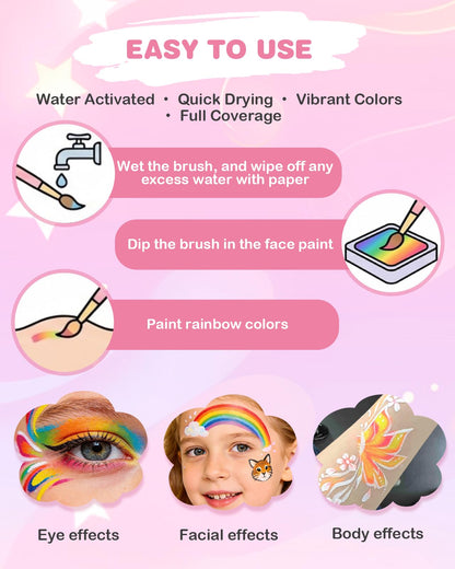 Lictin Face Painting Kit for Kids & Adults - 12x10g Split Face Paint Water Activated Water Based, Professional Body Paint Kit with Facepaint Stencils, Ideal for Party Cosplay Holiday Makeup