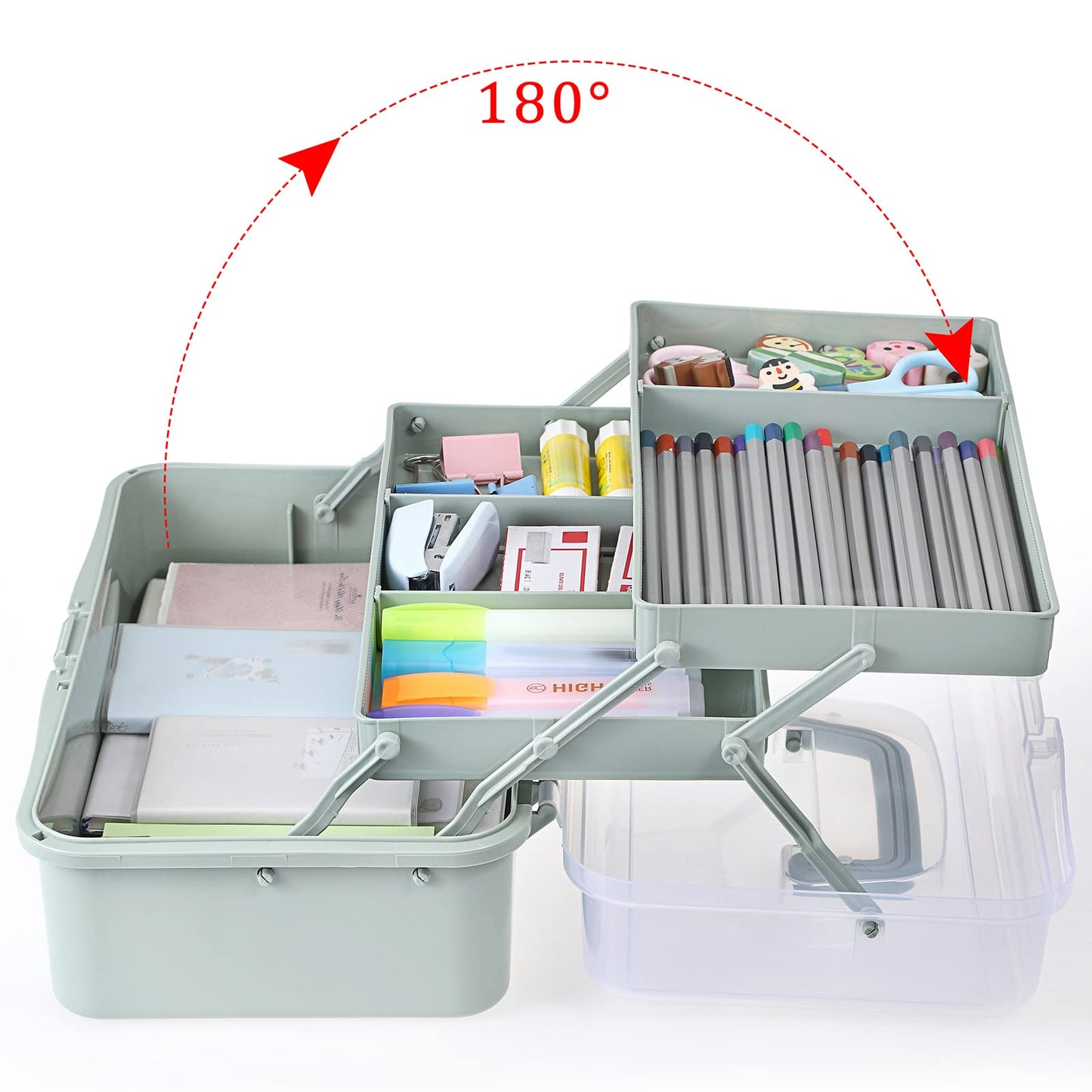 BTSKY 3-Layer Plastic Dividing Storage Box Craft Organizer and Storage with Adjustable Spacers Portable Handled Art Supply Organizer Multipurpose Home Utility Box for Medicine Sewing(Haze Green)