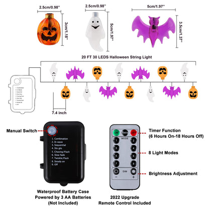 Mosoan Halloween Lights, 20Ft 30 LED Pumpkin Ghost Bat String Lights Battery Operated with Timer, 8 Light Modes Halloween Fairy Lights for Indoor Outdoor Party Home Yard Window Decor