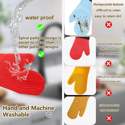 Silicone Oven Mitts - Red Heat Resistant 500F 13.6 in Waterproof Grippy Design for Cooking and Baking