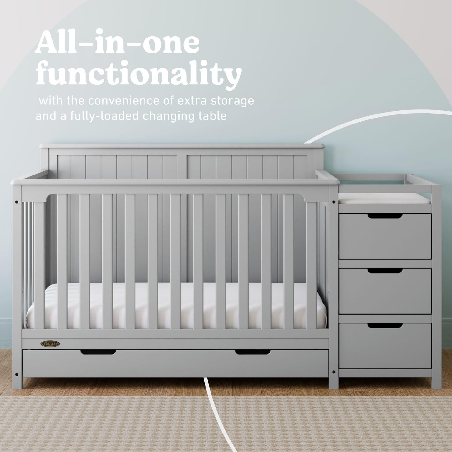 Graco Hadley 5-in-1 Convertible Crib & Changer – GREENGUARD Gold Certified, Fits Standard Crib Mattress, Converts to Toddler Bed and Full Bed, 4 Adjustable Mattress Heights (Pebble Gray)