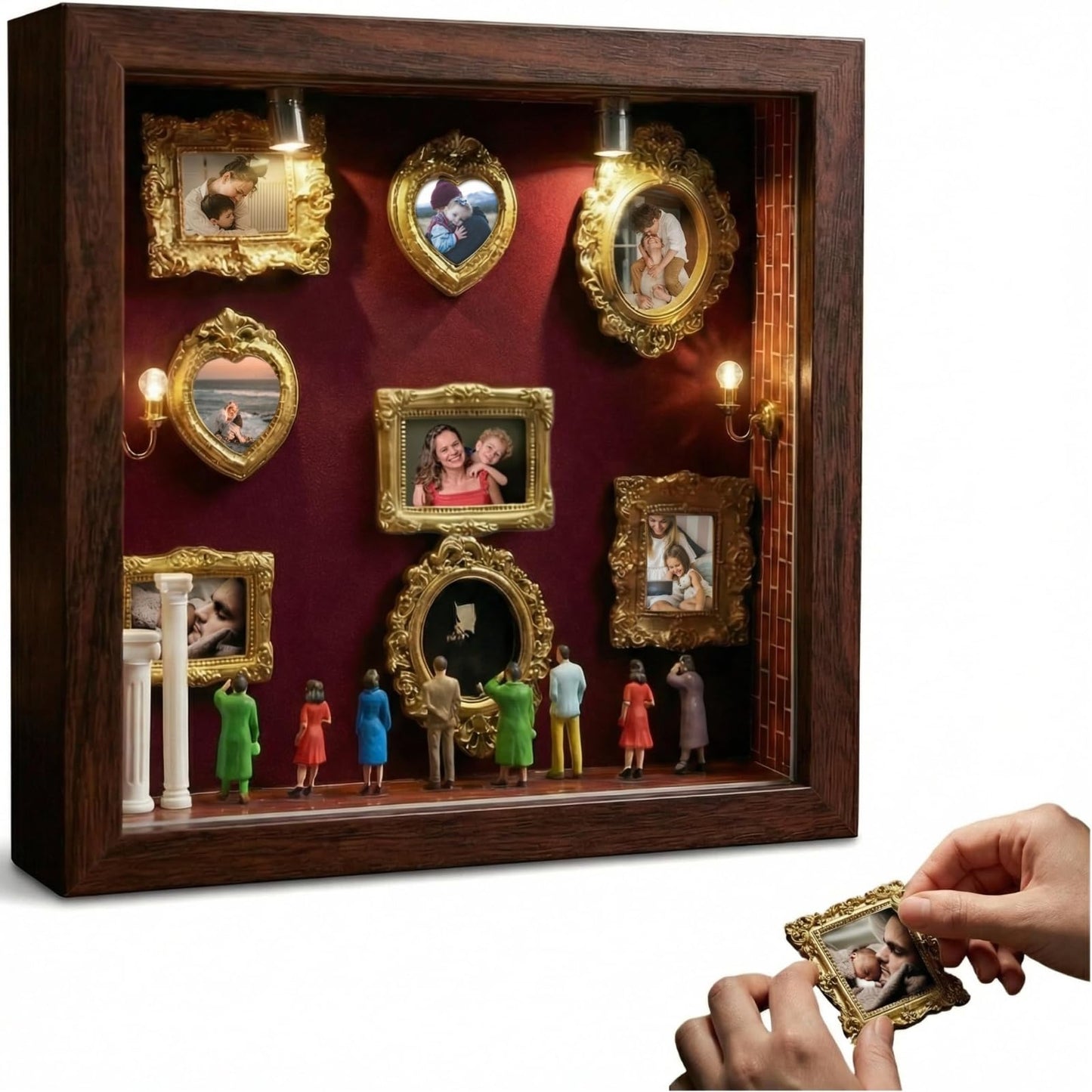 DIY Mini Museum Silhouette Box, Shadow Box Frame Set, Museum of Us Box with Gold Mini Picture Frames & Figurines for Mother's Day, Anniversary and Valentine's Day Gifts (Walnut Wood Color)