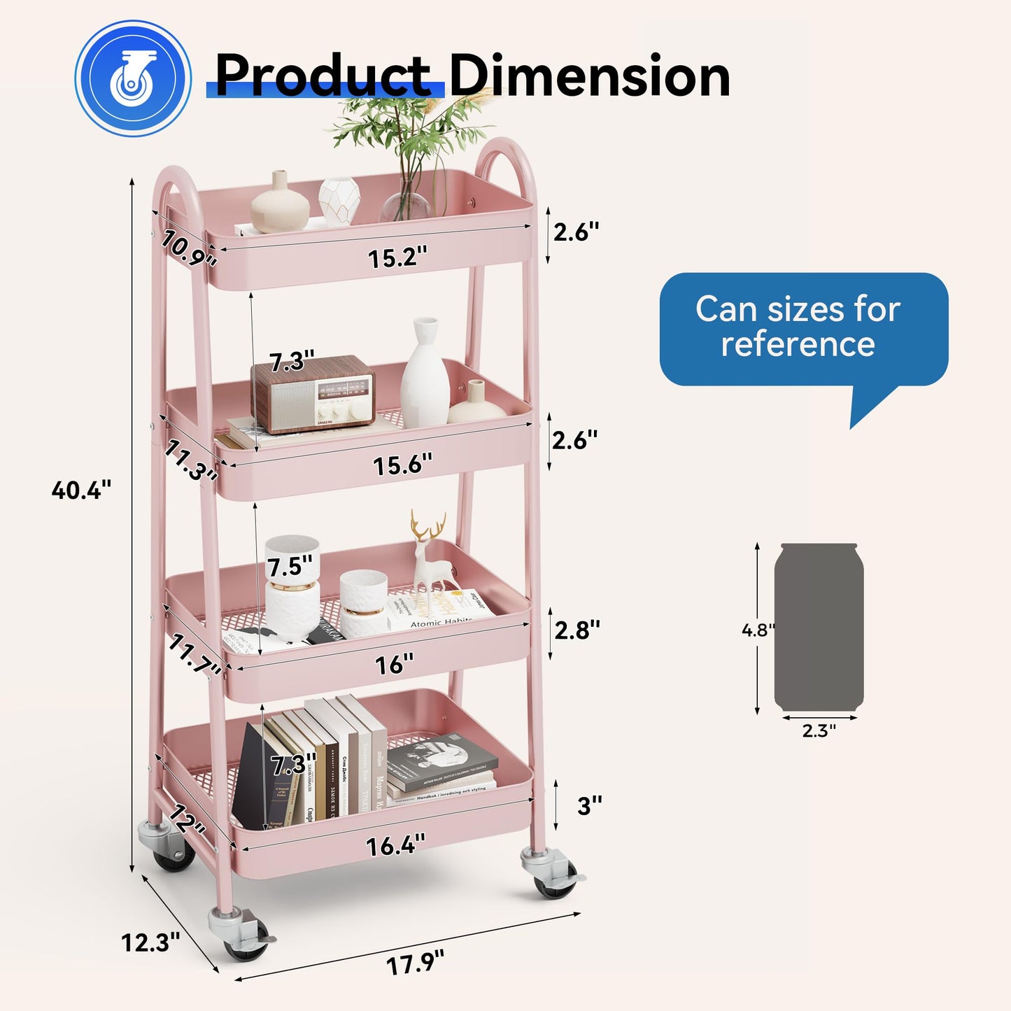 NEWBULIG 4-Tier Metal Rolling Cart with Lockable Wheels, Heavy Duty Mobile Utility Storage Shelf, Roller Book Snack Cart, Organization for Livingroom, Bathroom, Office, Pink