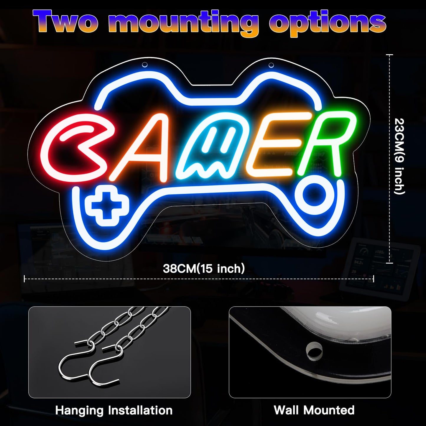 Reezldokn Gamer Neon Sign for boy room decor, 15 * 9 inch Blue Gaming led lights with USB Power and Dimmer Switch for game room decor,teen's room,man cave,adult and Kids