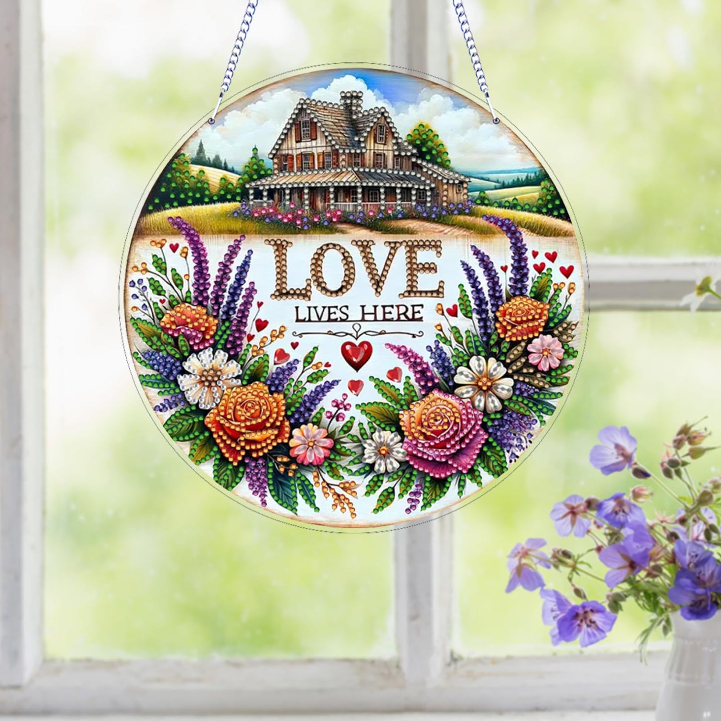 5D Diamond Painting Kit for Adults, DIY Hanging Flower Suncatcher Pendant - Crystal Rhinestone Art with Gift Box, Home Window Ornament, Double Sided (Flower House)