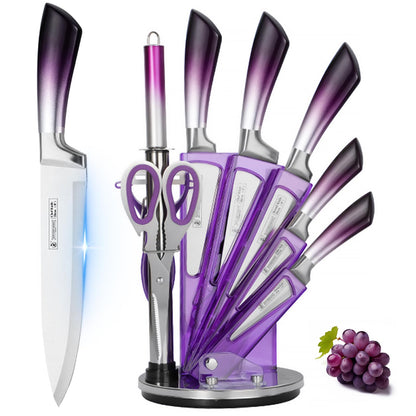 KOSHA Kitchen Knife Set, 9 Piece Knife Set with Block, with Sharpener, High Carbon Stainless Steel Accessories for Kitchen, Rust Proof, Non-Stick Coated, Ergonomic Hollow Horseshoe-shaped Handle