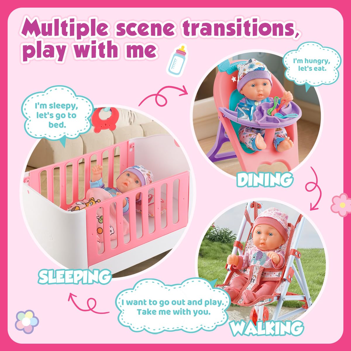 Baby Doll Crib and Stroller Accessories Play Set with 11" Baby Doll,Dining Chair,24 PCS Dolls Accessories and 2 Sets Clothes,Realistic Pretend Play for Girls Kids 3-5 4-6 5-7 Year Gifts