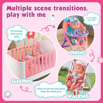 Baby Doll Crib and Stroller Accessories Play Set with 11" Baby Doll,Dining Chair,24 PCS Dolls Accessories and 2 Sets Clothes,Realistic Pretend Play for Girls Kids 3-5 4-6 5-7 Year Gifts