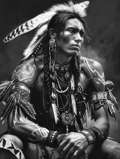 American Native Indian Man Black and White 5D Diamond Art Painting for Adults Full Drill Round Diamond Paint by Number Kits for Beginners Gems Cross Stitch for Wall Decor 15.8x19.8inch(2)